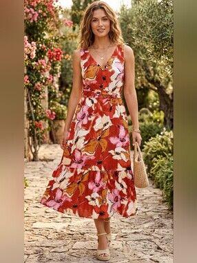 Nine West Sun Dress Floral Linen Blend Medium Sleeveless V-Neck Boho Midi Summer